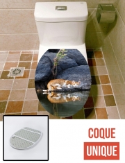 Housse de toilette - Décoration abattant wc  Reflet chat dans l'eau d'un étang 
