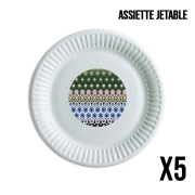 Pack de 5 assiettes jetable Abstract ethnic floral stripe pattern white blue green