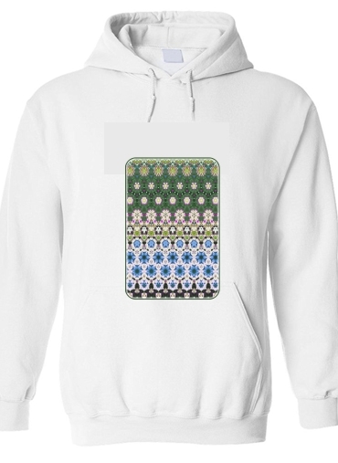 Sweat à capuche Abstract ethnic floral stripe pattern white blue green
