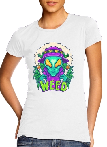 T-Shirt Manche courte cold rond femme Alien smoking cannabis cbd