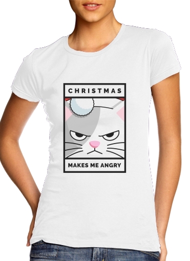 T-Shirt Manche courte cold rond femme Christmas makes me Angry cat