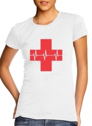 T-Shirt Manche courte cold rond femme Croix de secourisme EKG Heartbeat