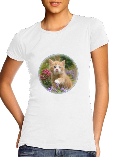T-Shirt Manche courte cold rond femme Bébé chaton mignon marbré rouge dans le jardin