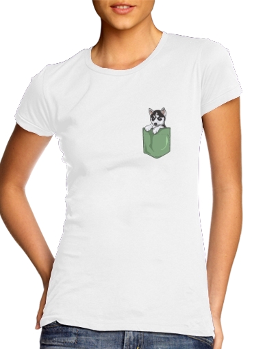 T-Shirt Manche courte cold rond femme Husky Dog in the pocket