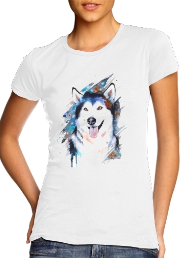 T-Shirt Manche courte cold rond femme Siberian husky watercolor