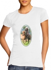 T-Shirt Manche courte cold rond femme Deux chevaux islandais cabrés, jouent ensemble dans le pré