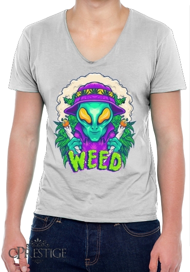 T-Shirt homme Col V Alien smoking cannabis cbd