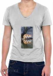 T-Shirt homme Col V  Reflet chat dans l'eau d'un étang 