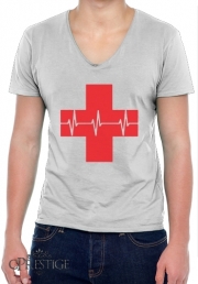 T-Shirt homme Col V Croix de secourisme EKG Heartbeat