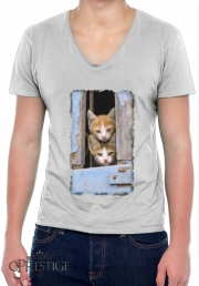 T-Shirt homme Col V Petits chatons mignons à la fenêtre ancienne