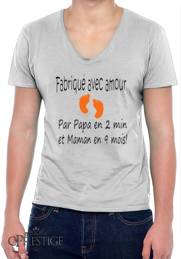 T-Shirt homme Col V Fabriqué avec amour Papa en 2 min et maman en 9 mois