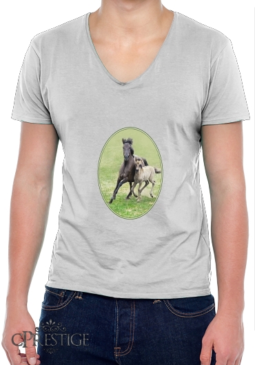 T-Shirt homme Col V Chevaux poneys poulain
