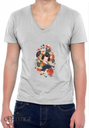 T-Shirt homme Col V Japanese geisha surrounded with colorful carps