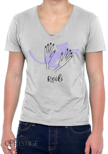 T-Shirt homme Col V Reiki Animal chat violet