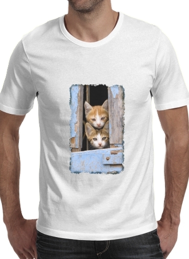 T-Shirt Manche courte cold rond Petits chatons mignons à la fenêtre ancienne