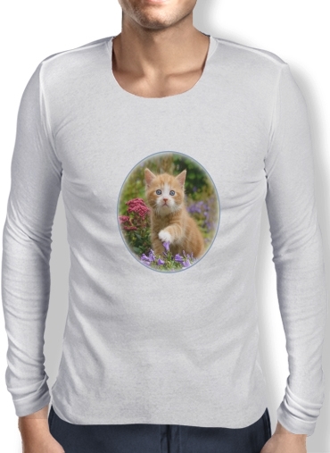 T-Shirt homme manche longue Bébé chaton mignon marbré rouge dans le jardin