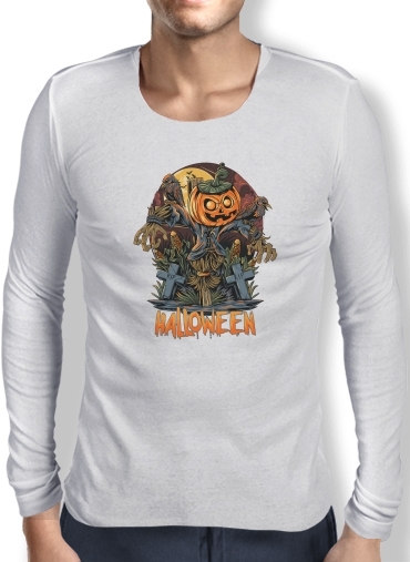T-Shirt homme manche longue Halloween Pumpkin Crow Graveyard