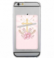Porte Carte adhésif pour smartphone Croix avec fleurs  - Cadeau invité pour communion d'une fille