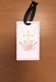 Attache adresse pour bagage Croix avec fleurs  - Cadeau invité pour communion d'une fille