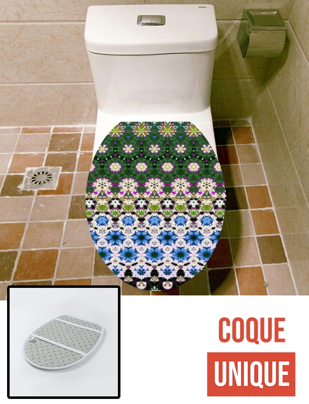Housse de toilette - Décoration abattant wc Abstract ethnic floral stripe pattern white blue green