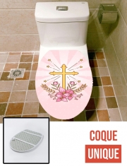 Housse de toilette - Décoration abattant wc Croix avec fleurs  - Cadeau invité pour communion d'une fille