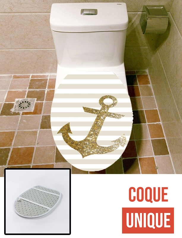 Housse de toilette - Décoration abattant wc Marinière ancre en or