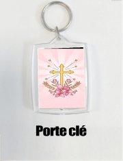 Porte clé photo Croix avec fleurs  - Cadeau invité pour communion d'une fille