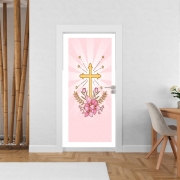 Poster de porte Croix avec fleurs  - Cadeau invité pour communion d'une fille