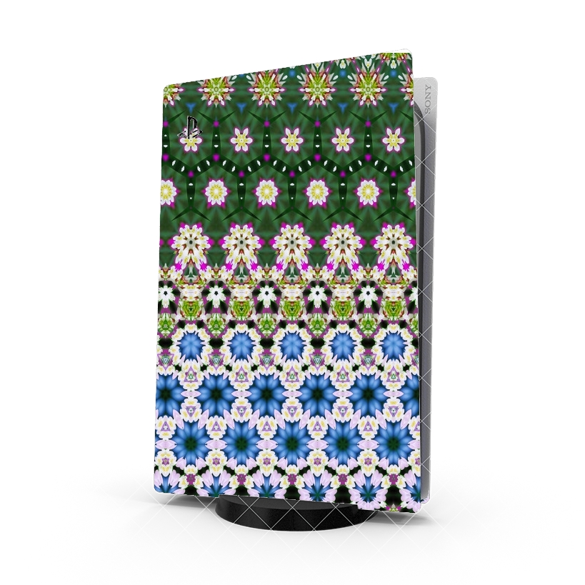 Autocollant Playstation 5 - Skin adhésif PS5 Abstract ethnic floral stripe pattern white blue green
