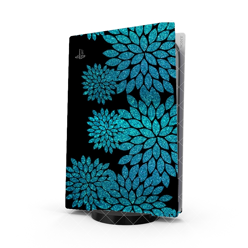 Autocollant Playstation 5 - Skin adhésif PS5 aqua glitter flowers on black
