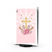Autocollant Playstation 5 - Skin adhésif PS5 Croix avec fleurs  - Cadeau invité pour communion d'une fille