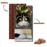 Tablette de chocolat personnalisé chat avec montures de lunettes, elle voit par la clôture en fer forgé