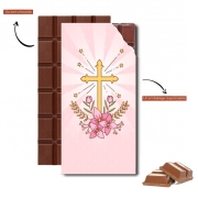 Tablette de chocolat personnalisé Croix avec fleurs  - Cadeau invité pour communion d'une fille
