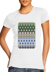 T-Shirt Manche courte cold rond femme Abstract ethnic floral stripe pattern white blue green