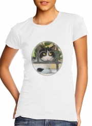 T-Shirt Manche courte cold rond femme chat avec montures de lunettes, elle voit par la clôture en fer forgé