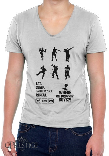 T-Shirt homme Col V Battle Royal FN Eat Sleap Repeat Dance