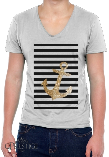 T-Shirt homme Col V gold glitter anchor in black