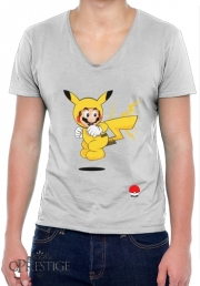 T-Shirt homme Col V Mario mashup Pikachu Impact-hoo!