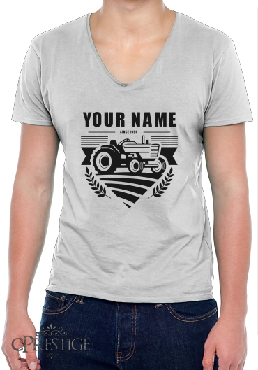 T-Shirt homme Col V Tracteur Logo personnalisable prénom date de naissance