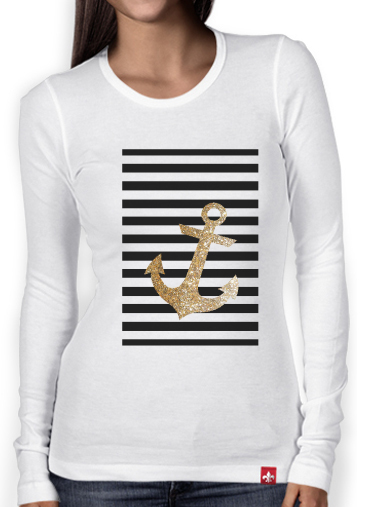T-Shirt femme manche longue gold glitter anchor in black
